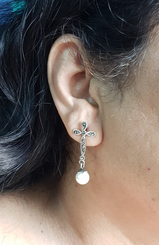 Silver earrings, hanging pearl on flower shaped marcasite stud