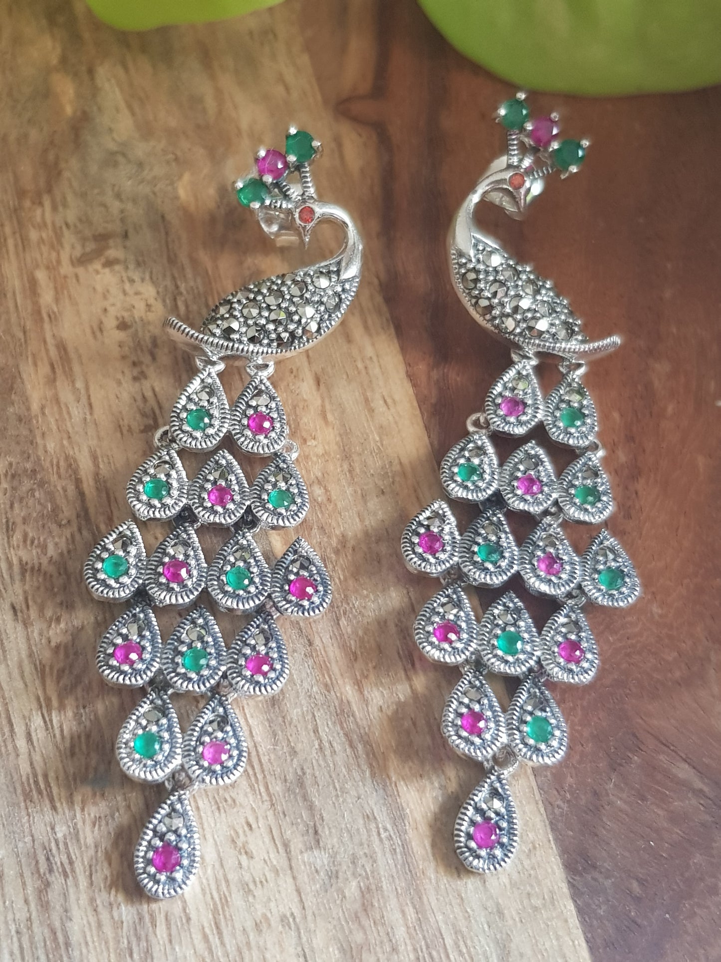 Silver peacock dangler earrings (earrings) with stones