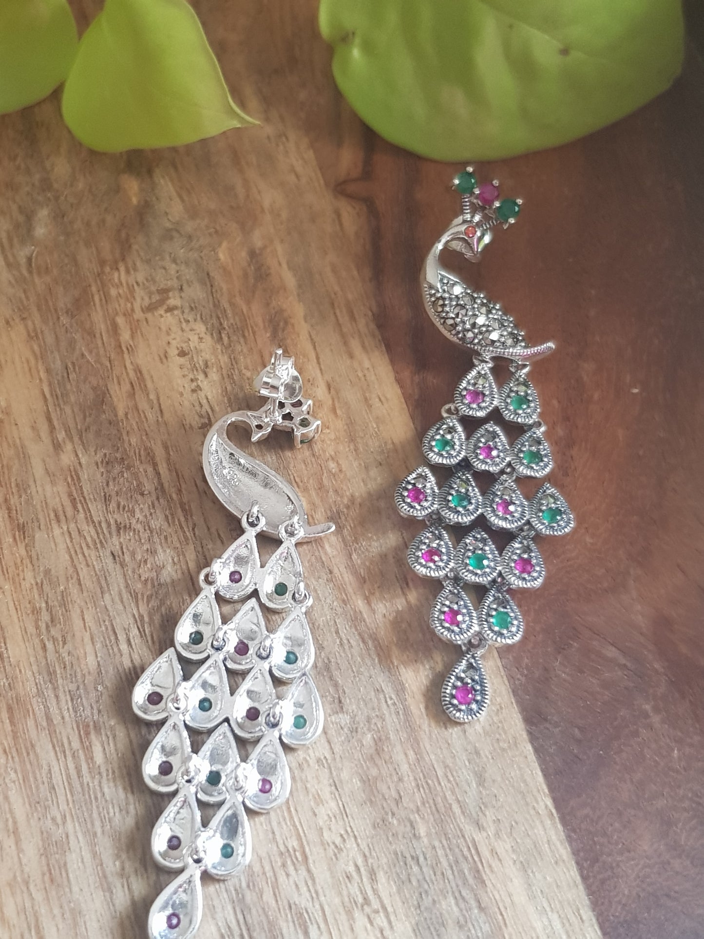 Silver peacock dangler earrings (earrings) with stones