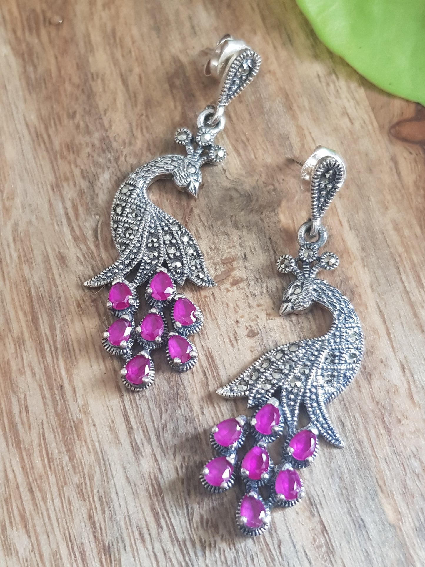 Silver peacock earrings, intricate carving with ruby/emerald-ruby stone variants