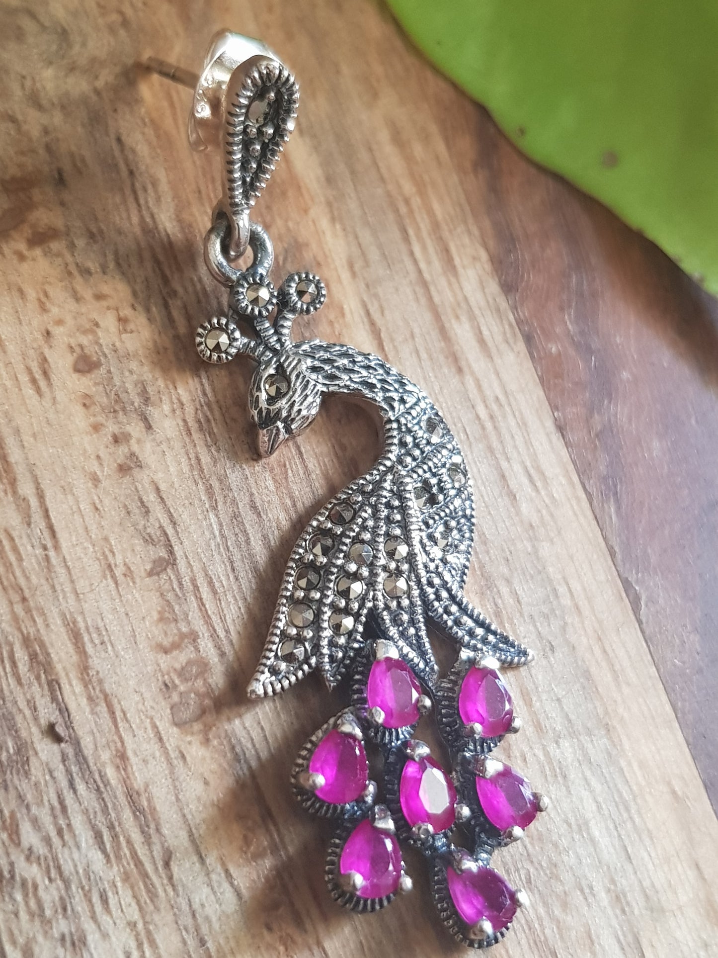 Silver peacock earrings, intricate carving with ruby/emerald-ruby stone variants