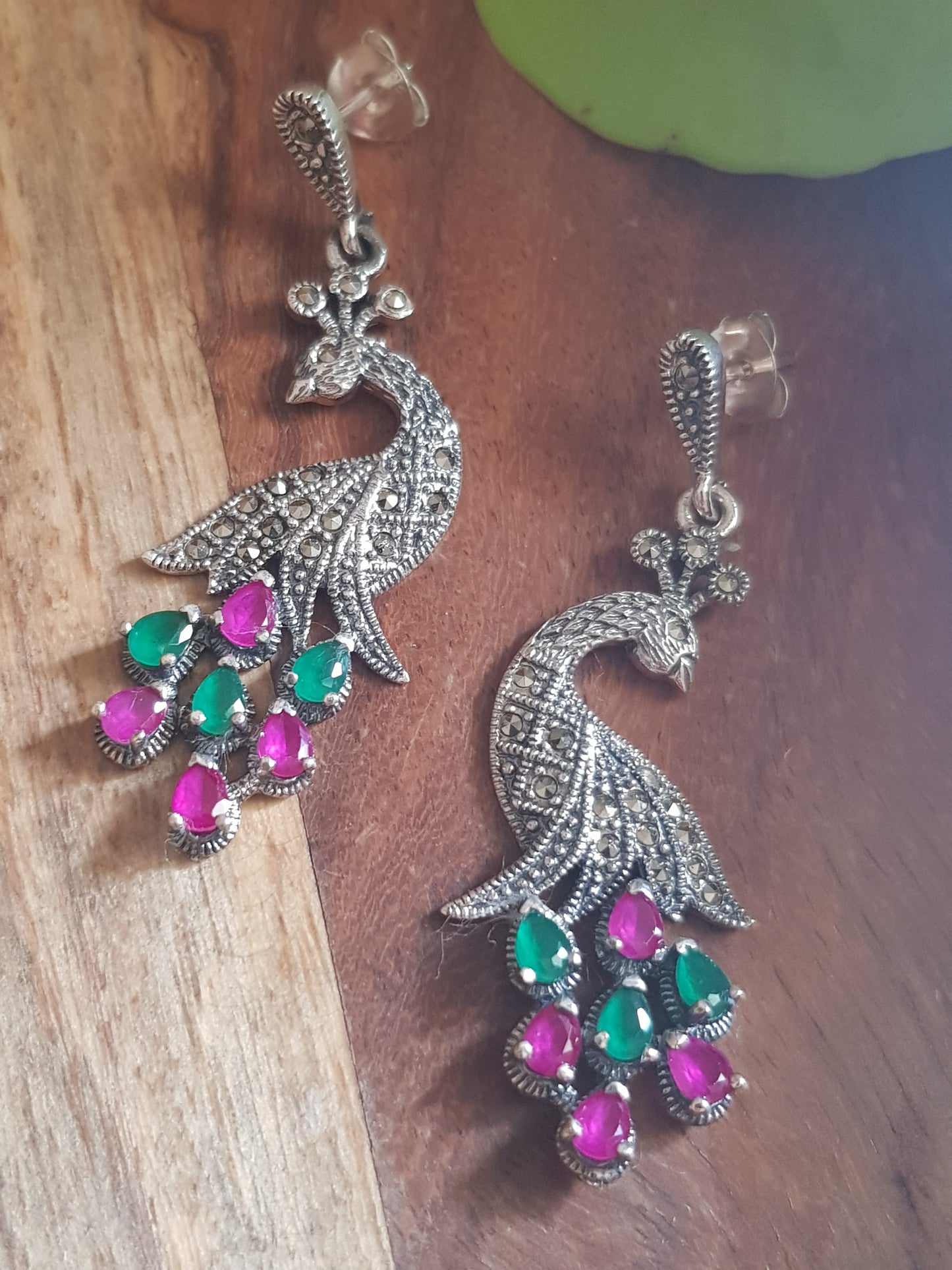 Silver peacock earrings, intricate carving with ruby/emerald-ruby stone variants