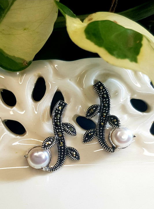 Silver earrings, twig shaped design with pearls and marcasite