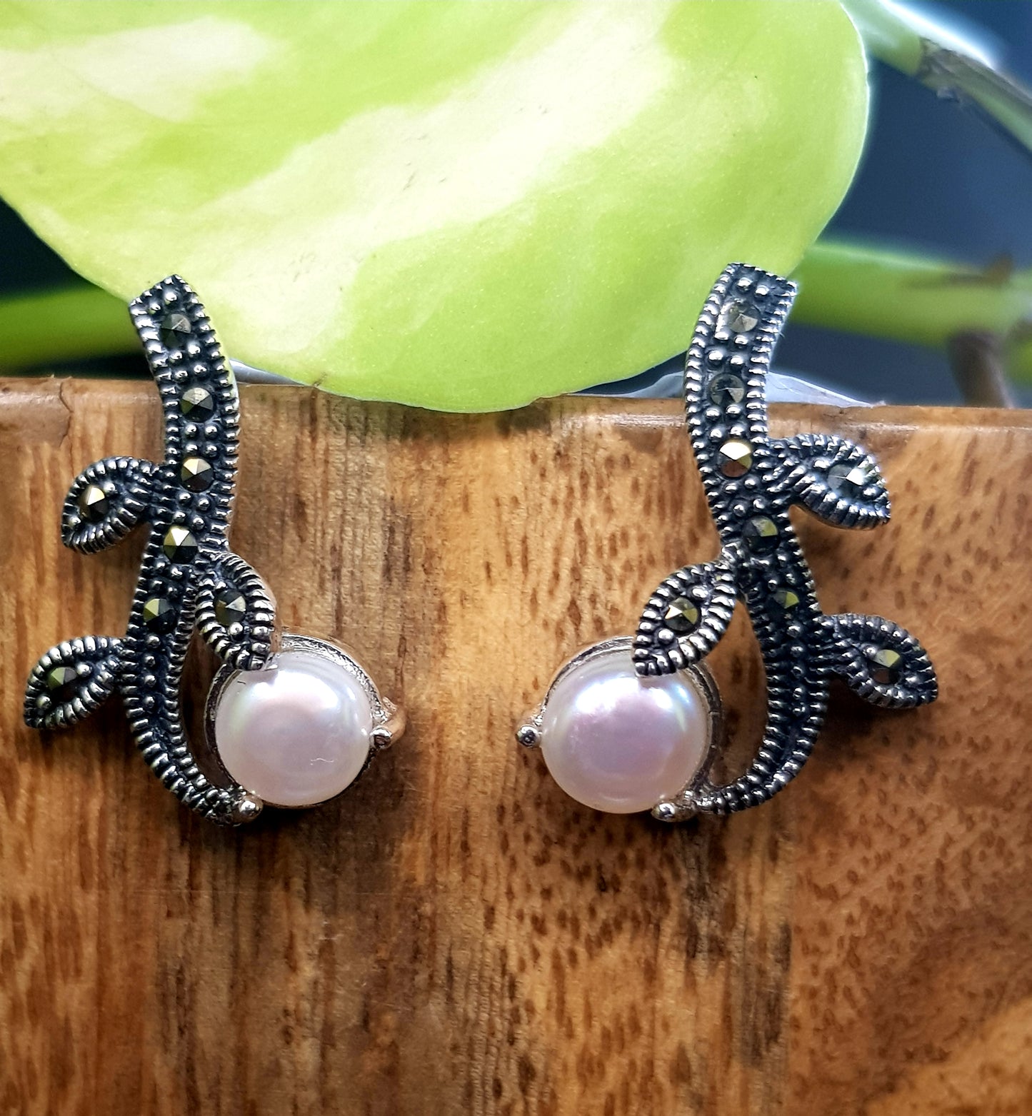 Silver earrings, twig shaped design with pearls and marcasite