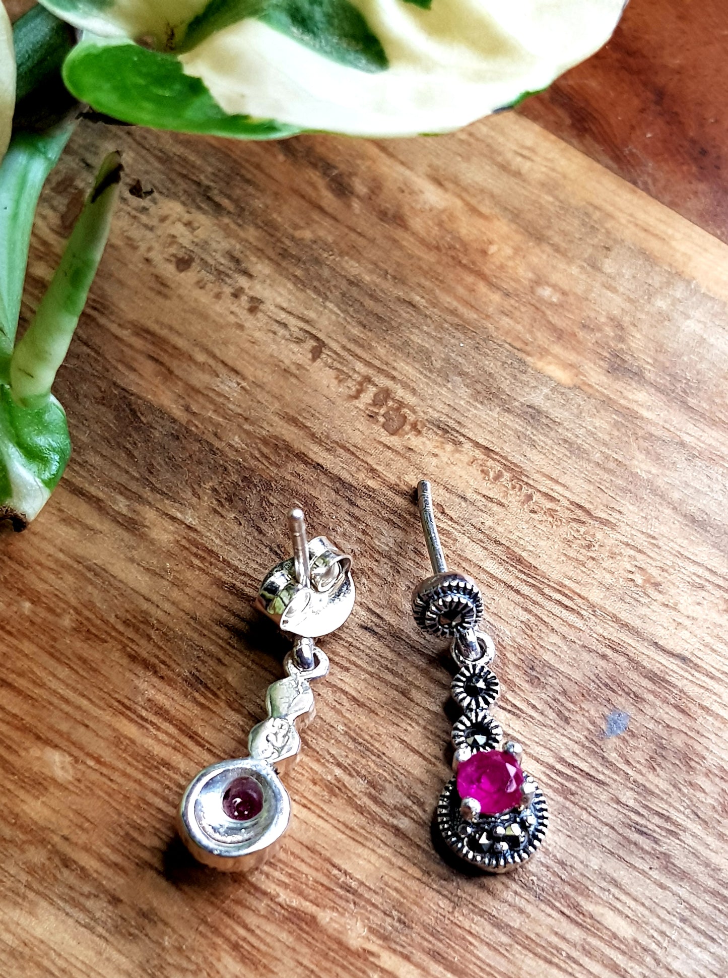 Silver earrings, delicate design with pearl/ruby hanging, marcasite detailing