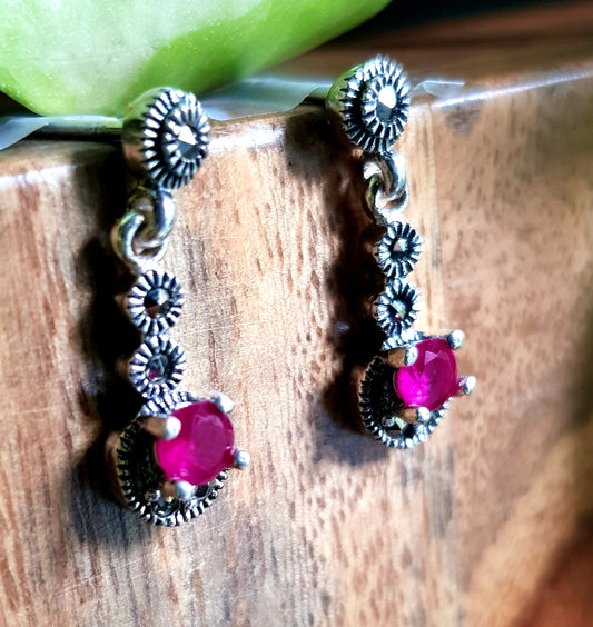 Silver earrings, delicate design with pearl/ruby hanging, marcasite detailing