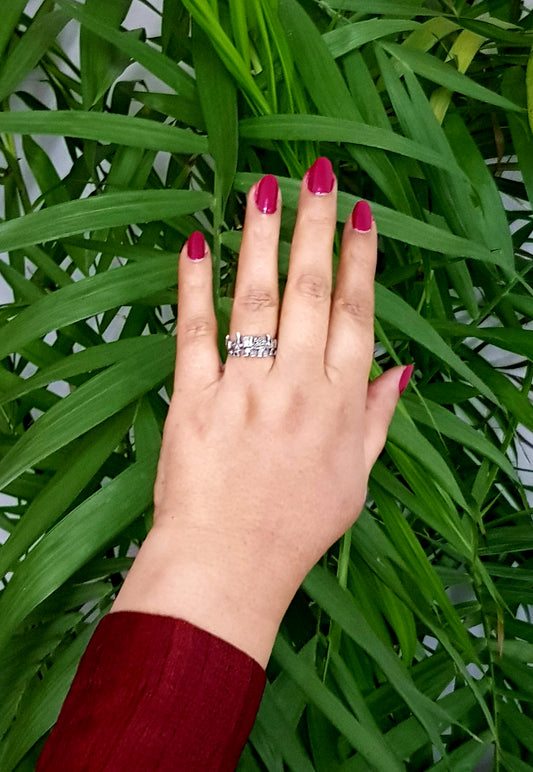 Silver ring, marching elephants design with marcasite detailing