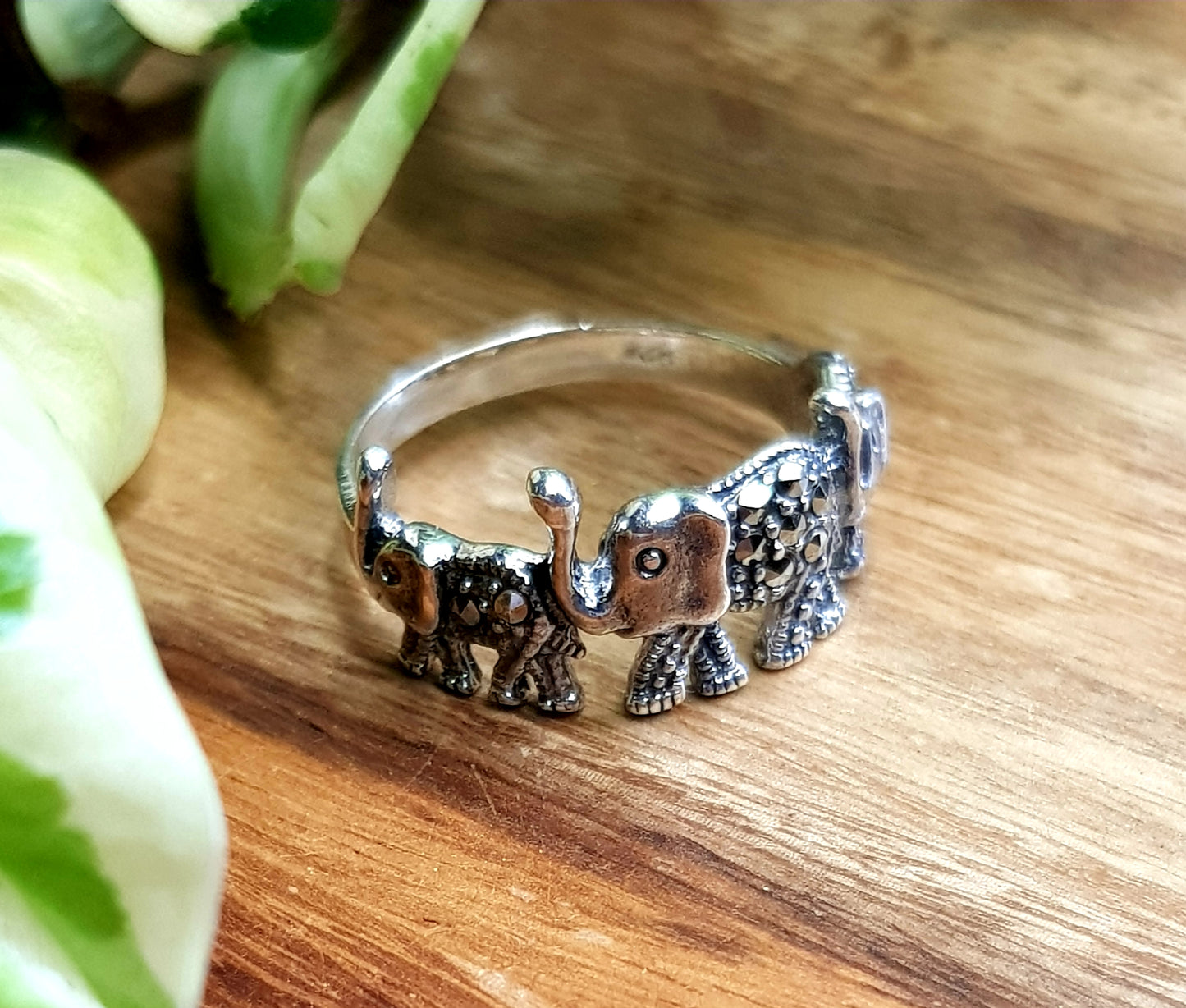 Silver ring, marching elephants design with marcasite detailing