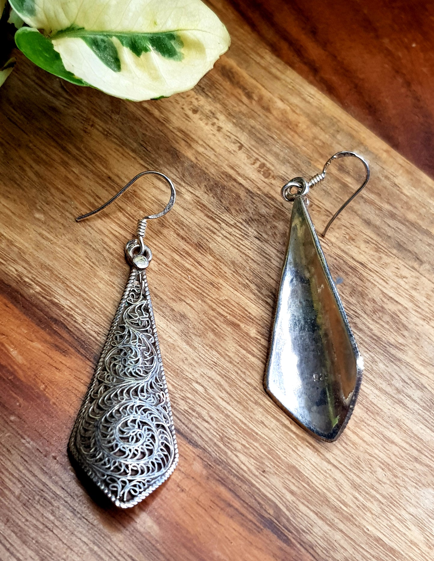 Silver earrings, hanging design with filigree detailing and V-shaped bottom