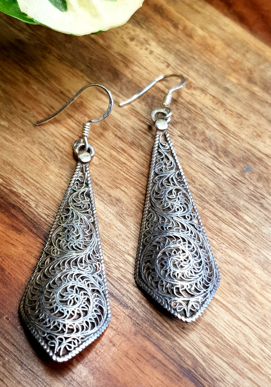 Silver earrings, hanging design with filigree detailing and V-shaped bottom