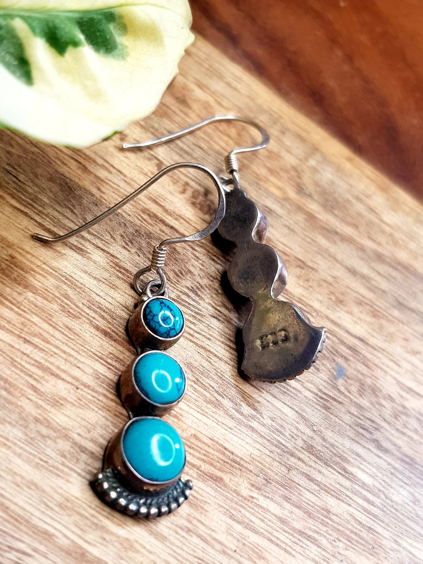 Silver earrings, ruby/pearl/turquoise hanging