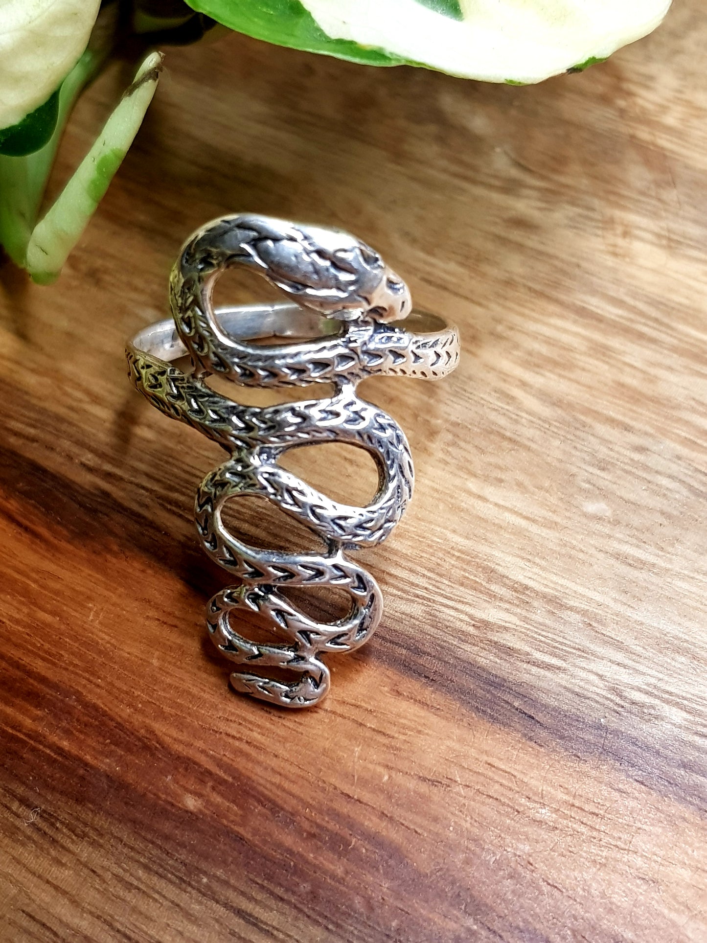 Silver ring, elongated snake design