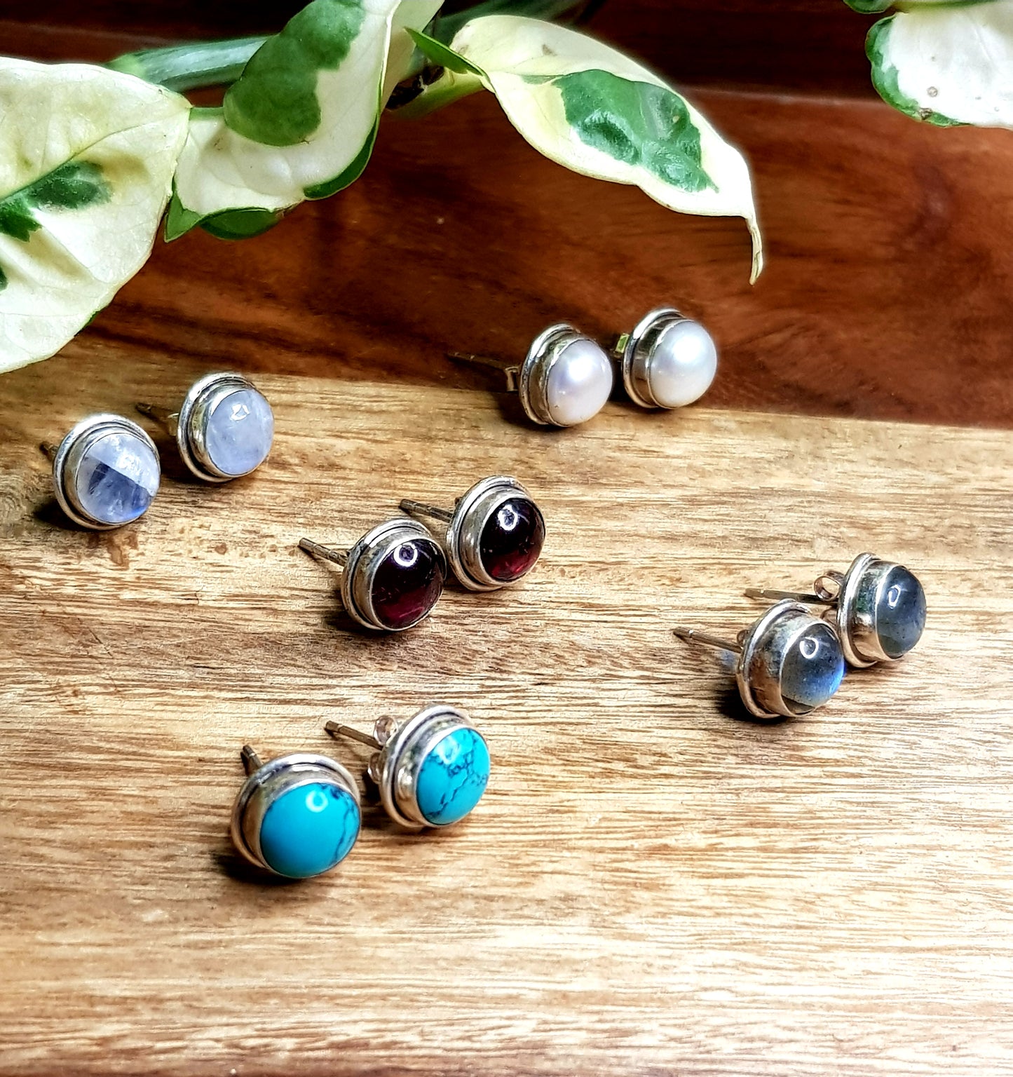 Silver studs (earrings) with pearl/turquoise/moonstone/ruby/dark grey stone center