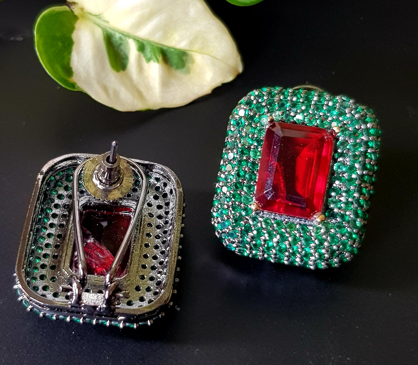 Antique finish vintage studs (earrings), ruby stone in center with emerald detailing around