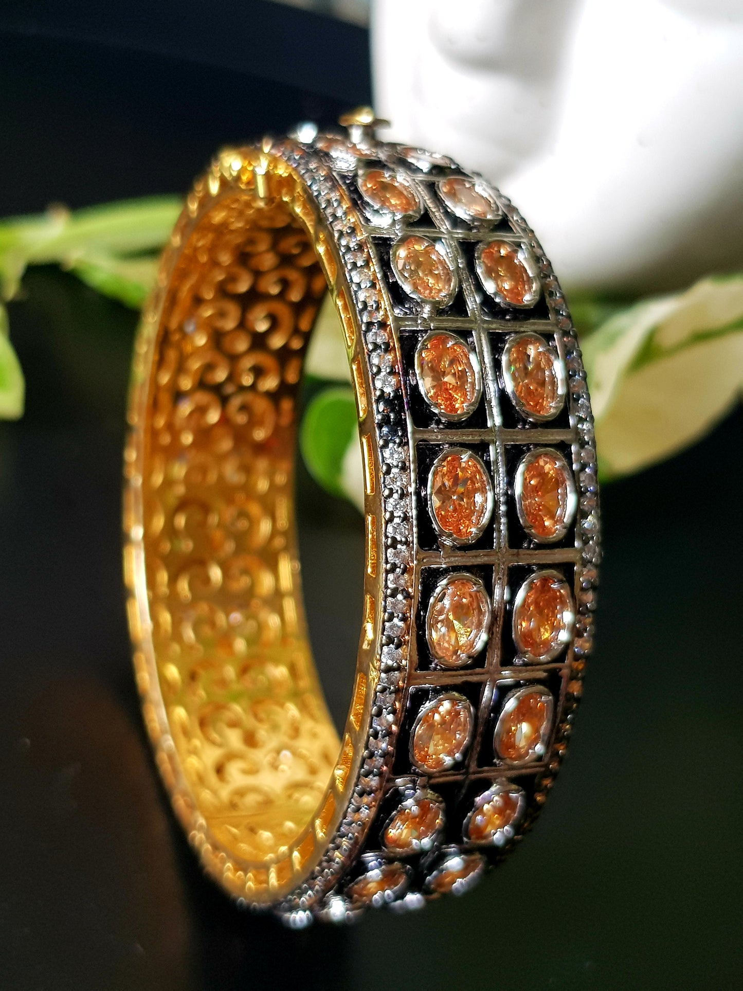 Antique gold finish bangle(kara) with peach stones(1pc)