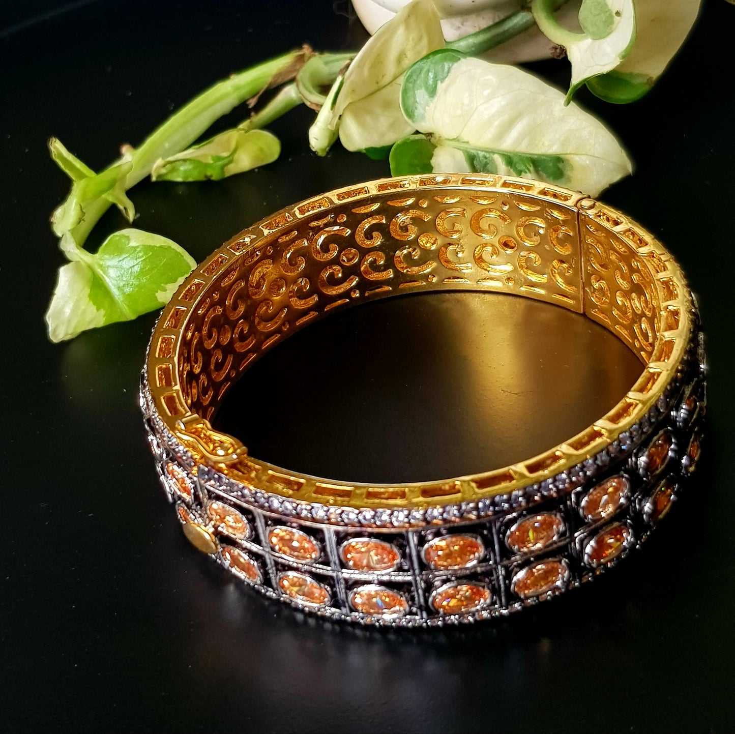 Antique gold finish bangle(kara) with peach stones(1pc)