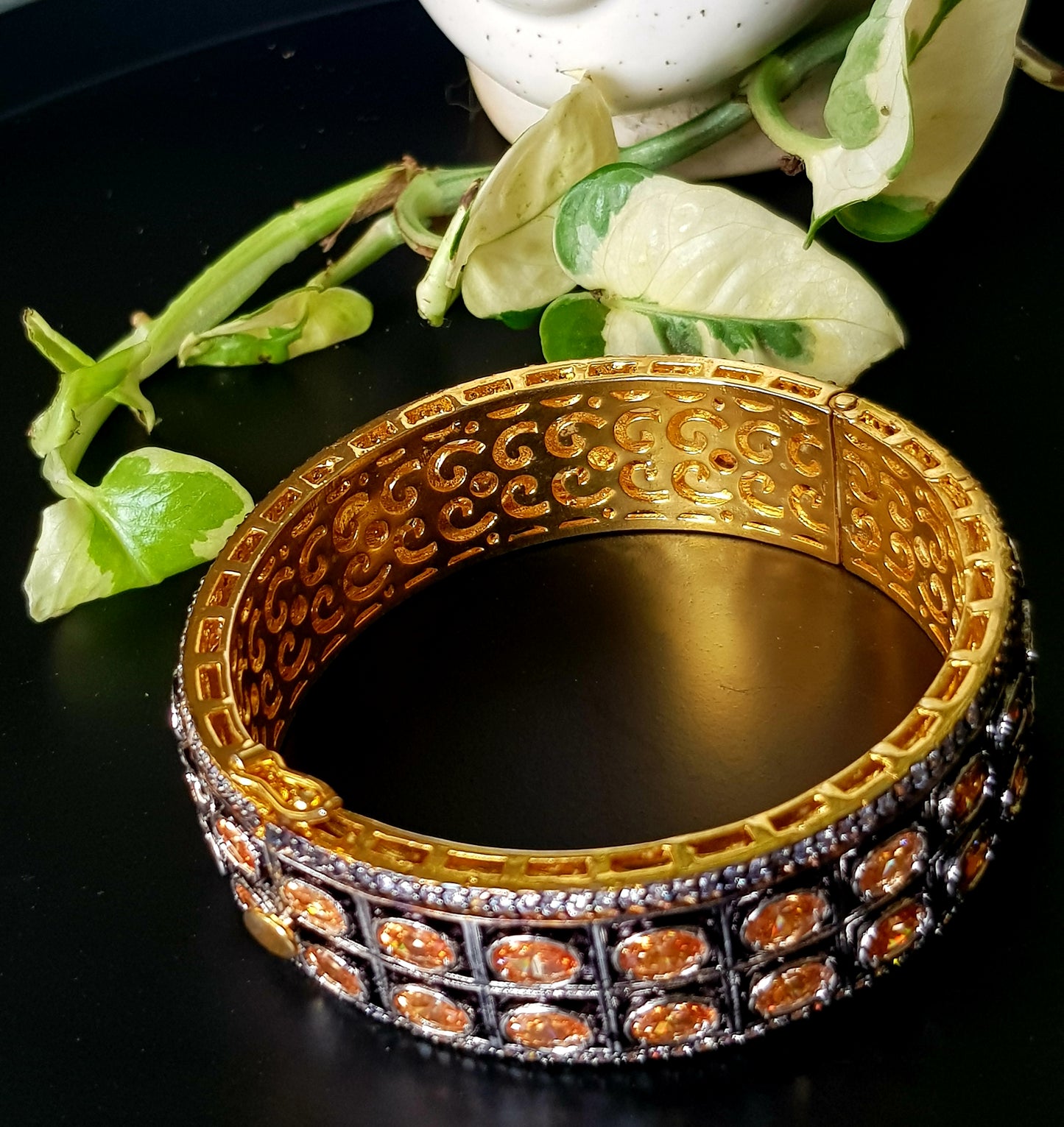 Antique gold finish bangle(kara) with peach stones(1pc)