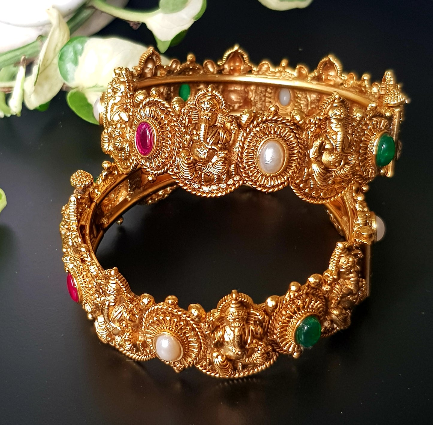 Temple jewelry gold finish Ganesha bangle (kangan-2) with tricolour stones