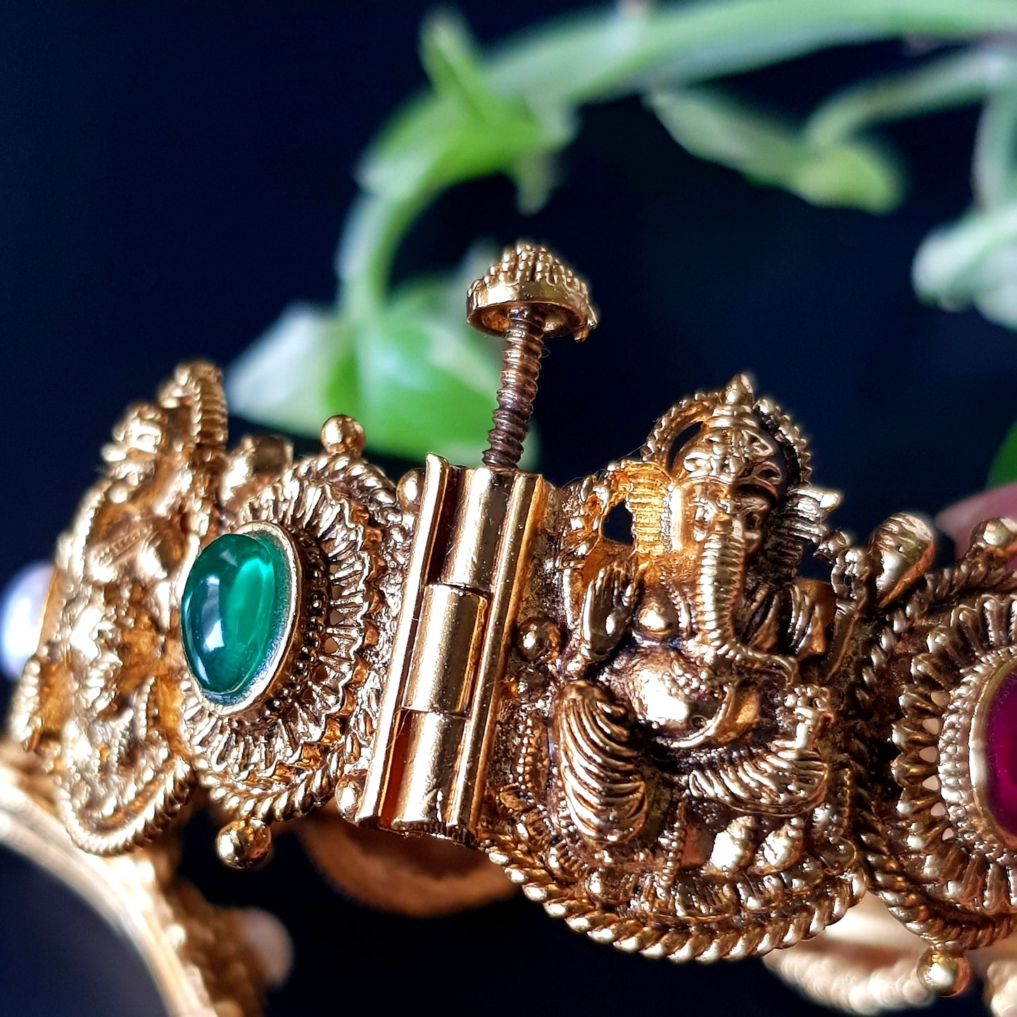 Temple jewelry gold finish Ganesha bangle (kangan-2) with tricolour stones