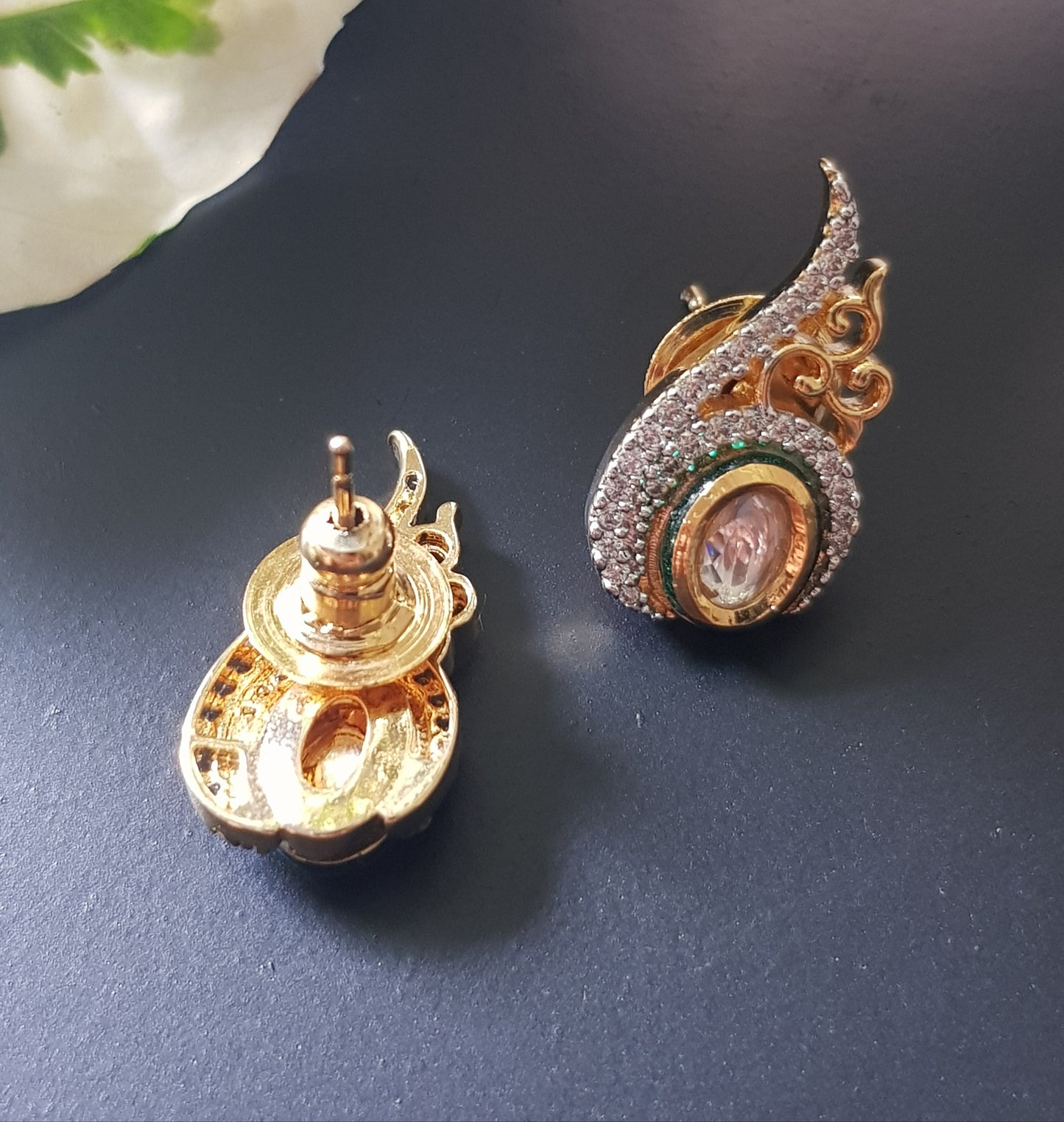 Gold finish pendant set, conch shell shape inspired pendant with kundan stone and embellished CZ, matching studs (earrings)