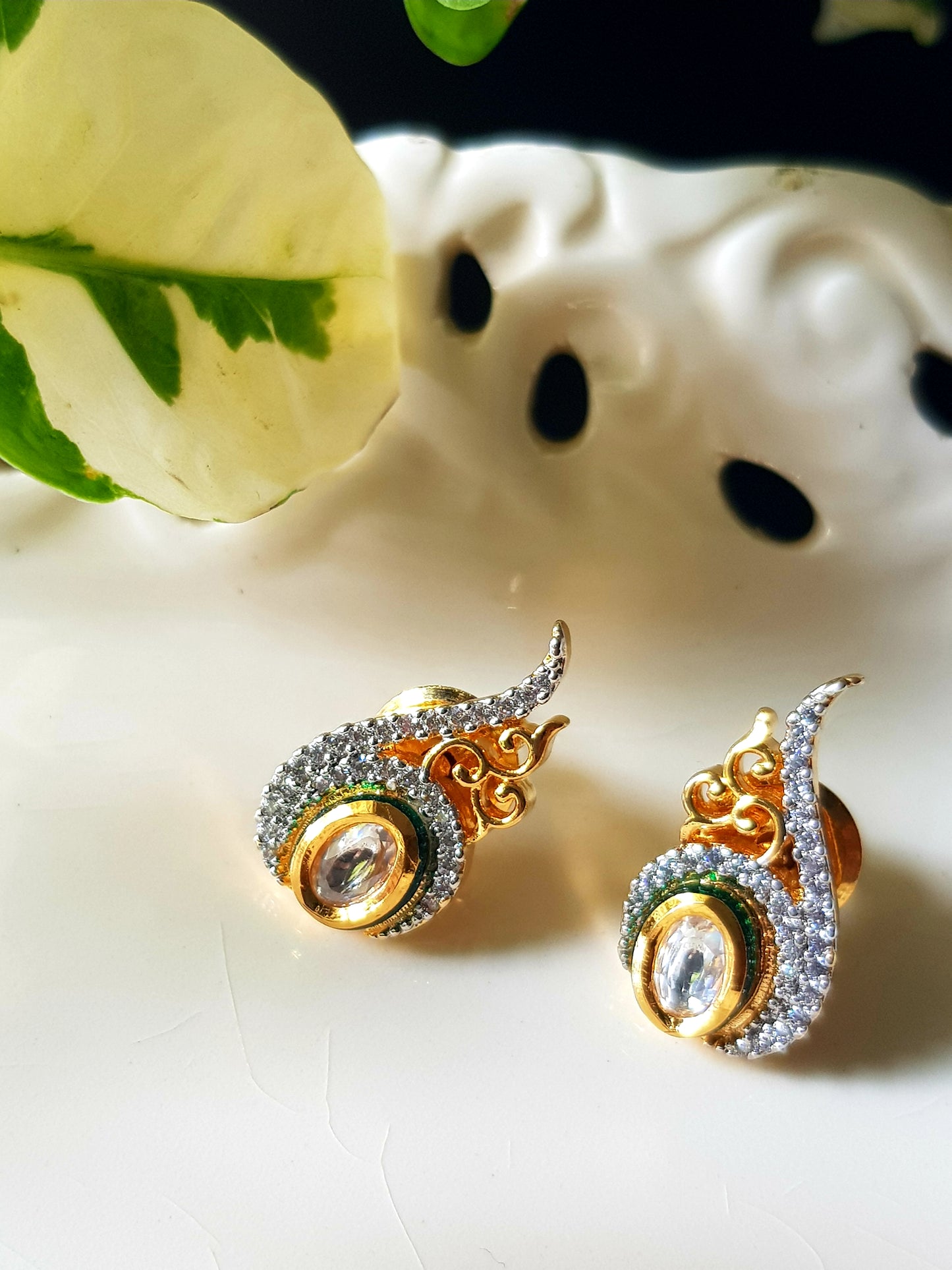 Gold finish pendant set, conch shell shape inspired pendant with kundan stone and embellished CZ, matching studs (earrings)