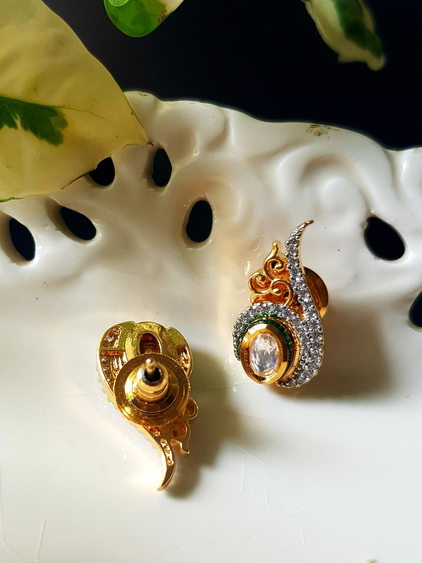 Gold finish pendant set, conch shell shape inspired pendant with kundan stone and embellished CZ, matching studs (earrings)