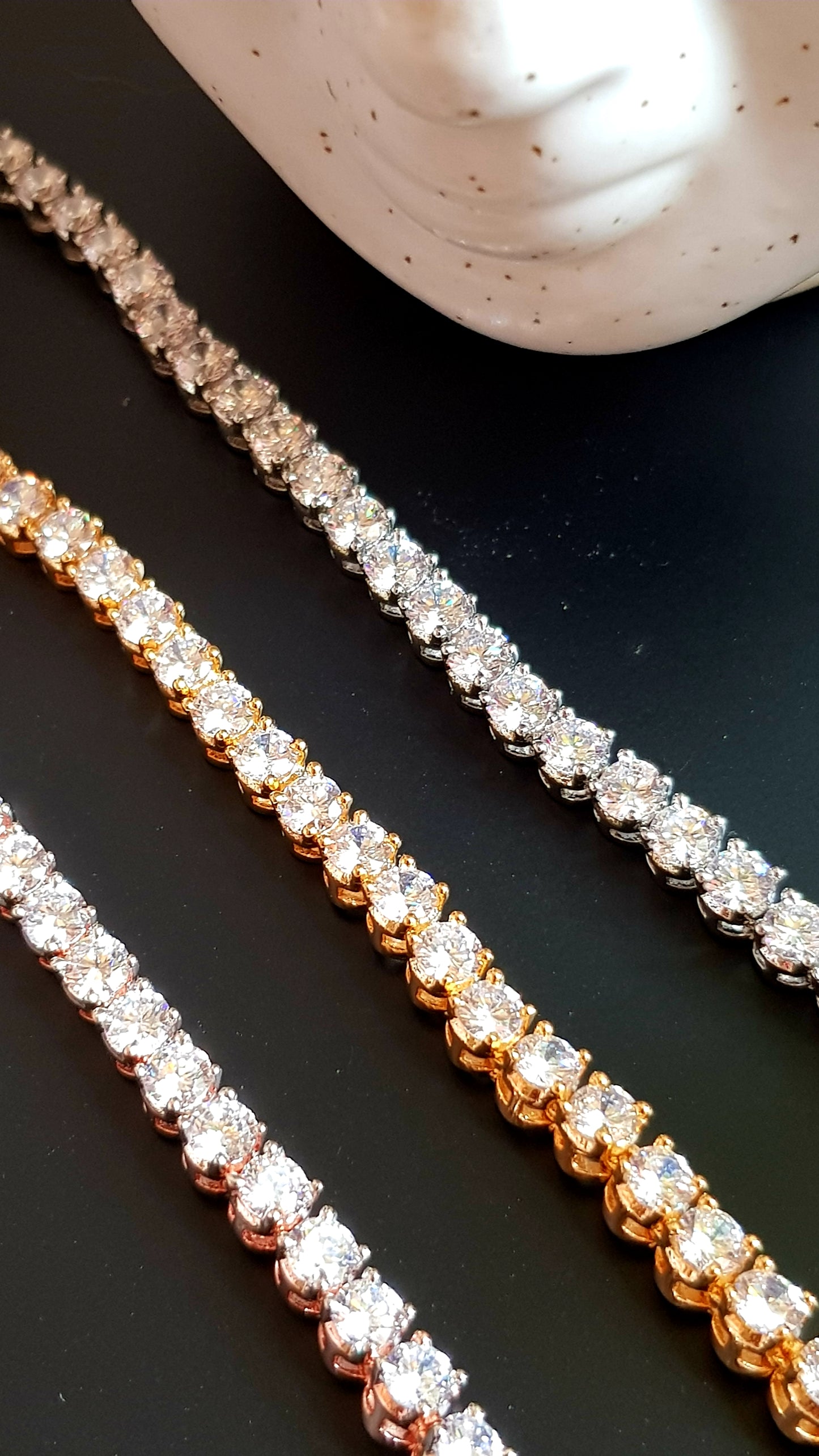 Platinum/gold/rose gold finish set, single CZ strand , matching earrings