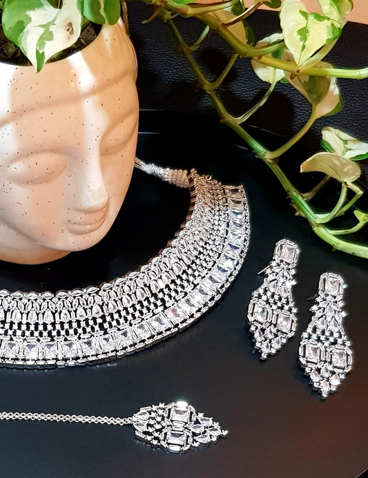 Platinum finish set, broad choker jaali design necklace in small-big CZ, matching earrings and maangteeka