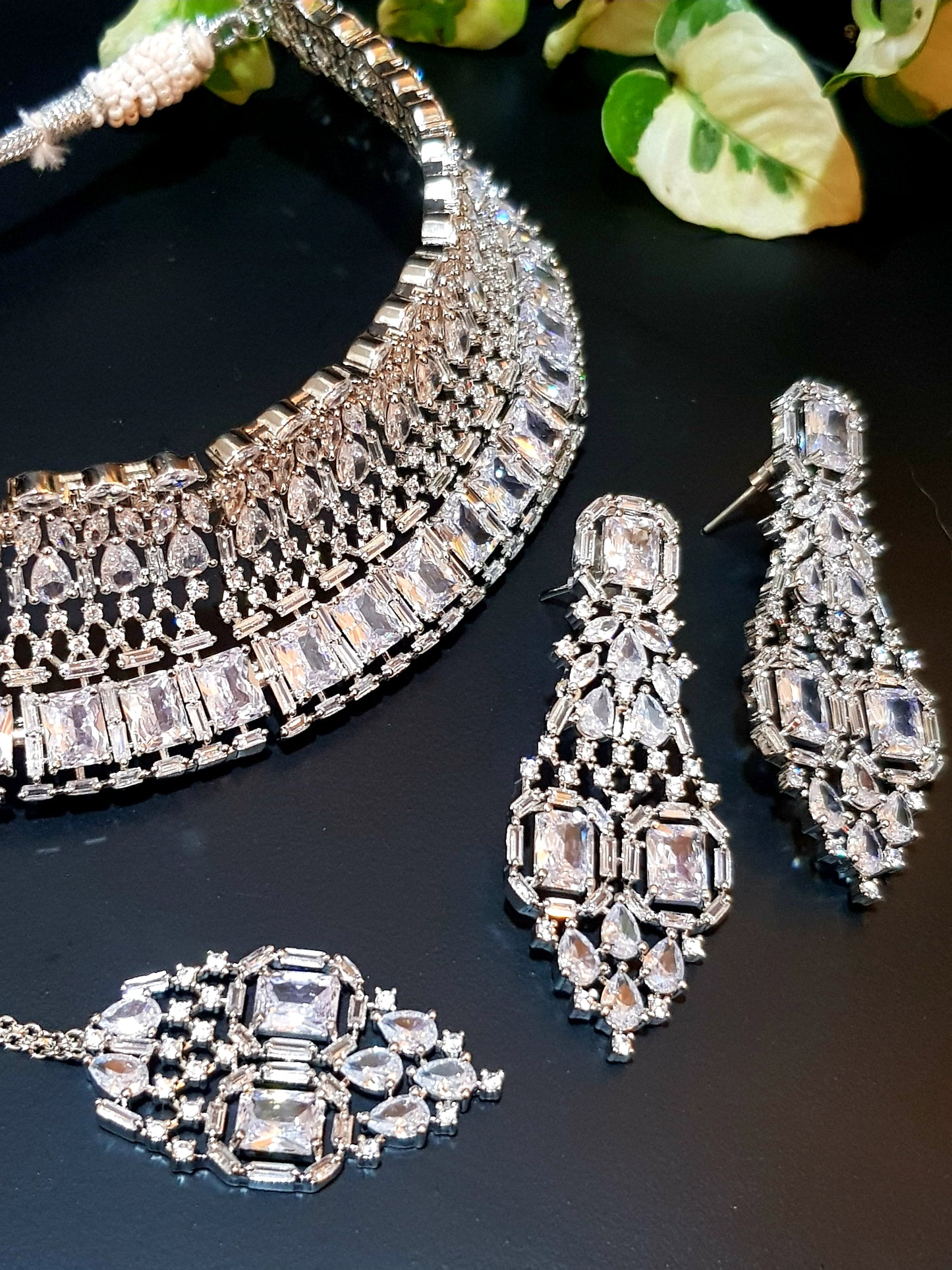 Platinum finish set, broad choker jaali design necklace in small-big CZ, matching earrings and maangteeka