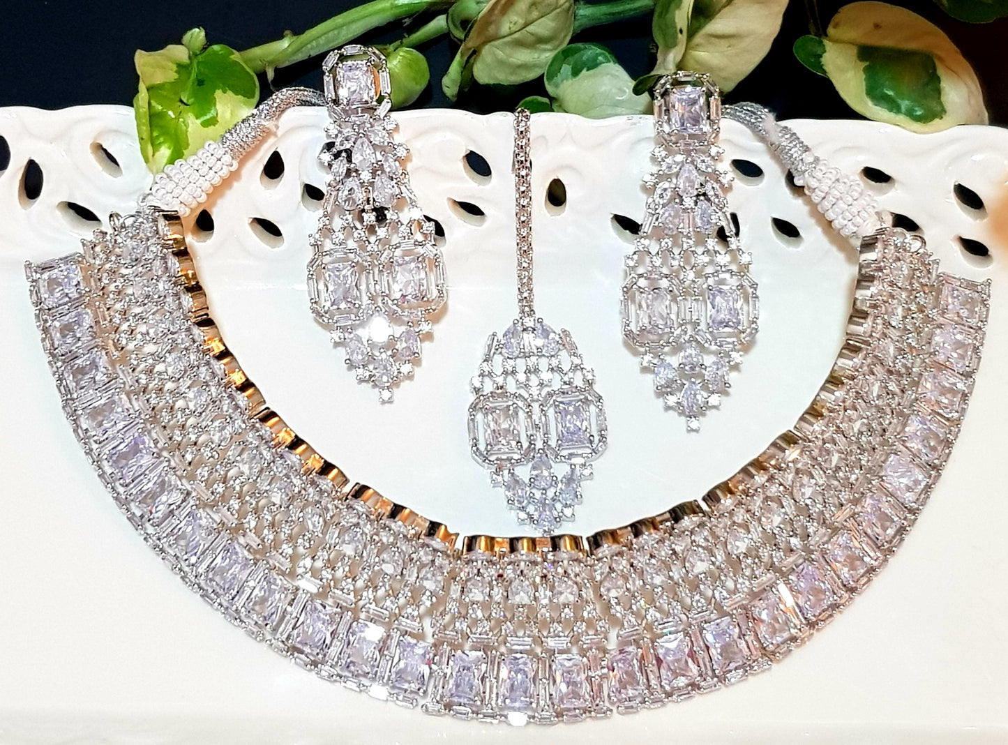 Platinum finish set, broad choker jaali design necklace in small-big CZ, matching earrings and maangteeka