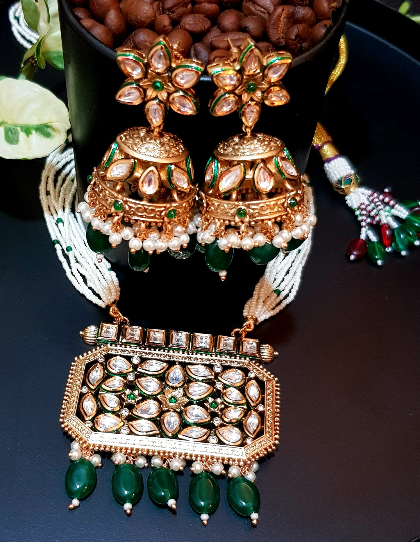 'Magic carpet' gold finish kundan necklace with floral jhumkis (earrings)