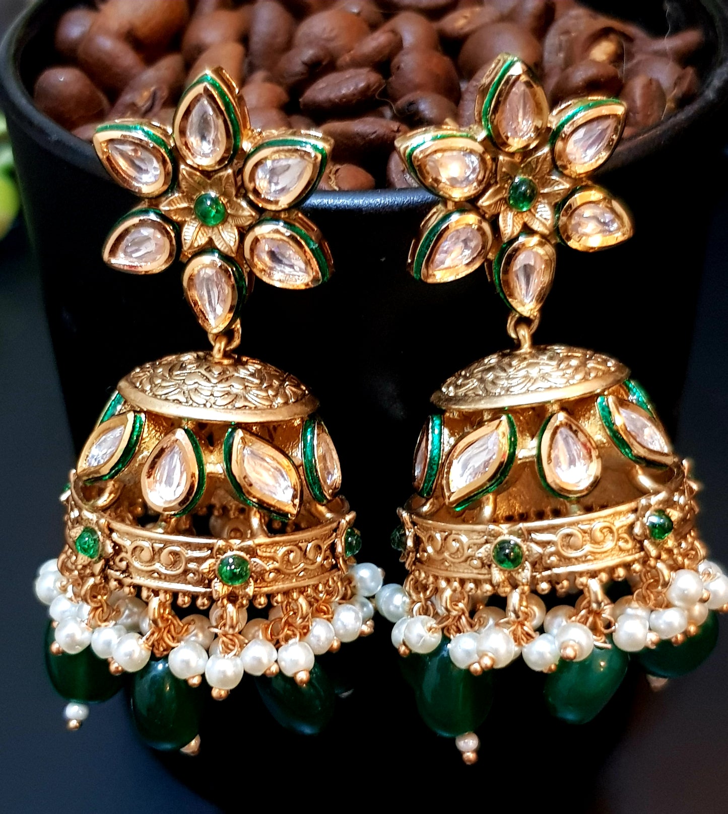 'Magic carpet' gold finish kundan necklace with floral jhumkis (earrings)