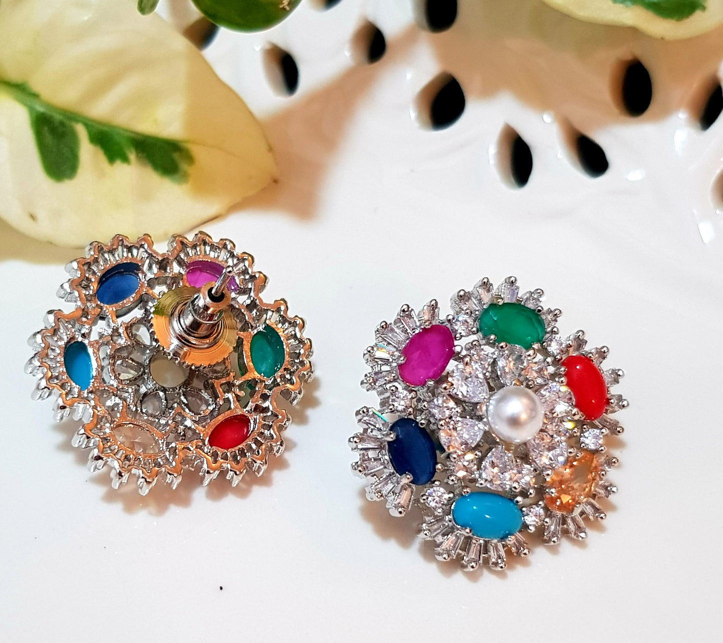 Platinum finish navratan and CZ studs (earrings)