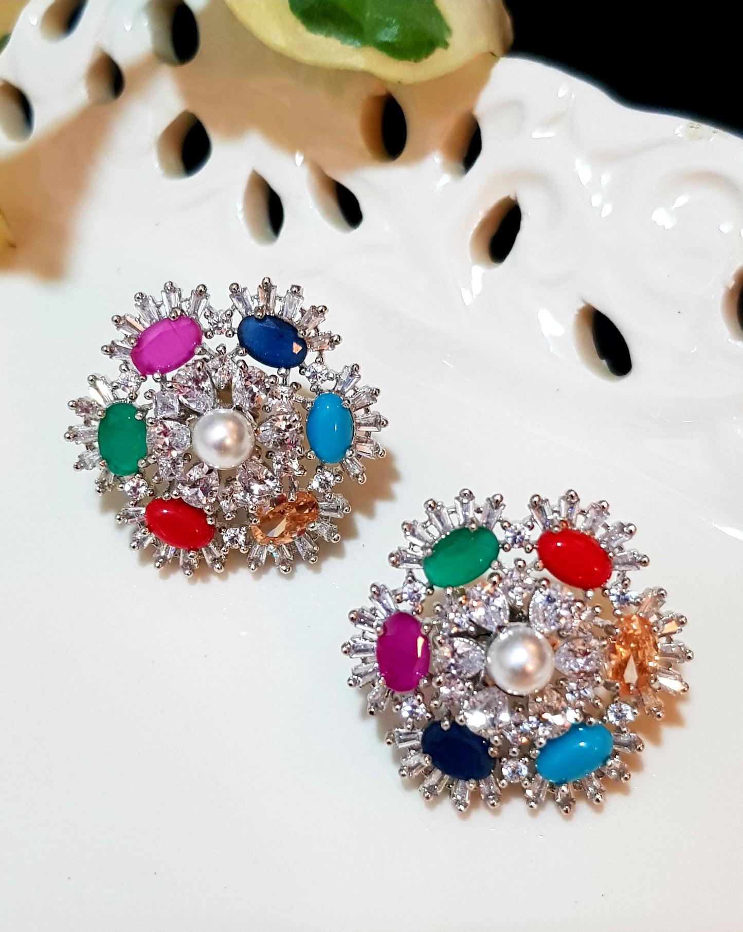 Platinum finish navratan and CZ studs (earrings)