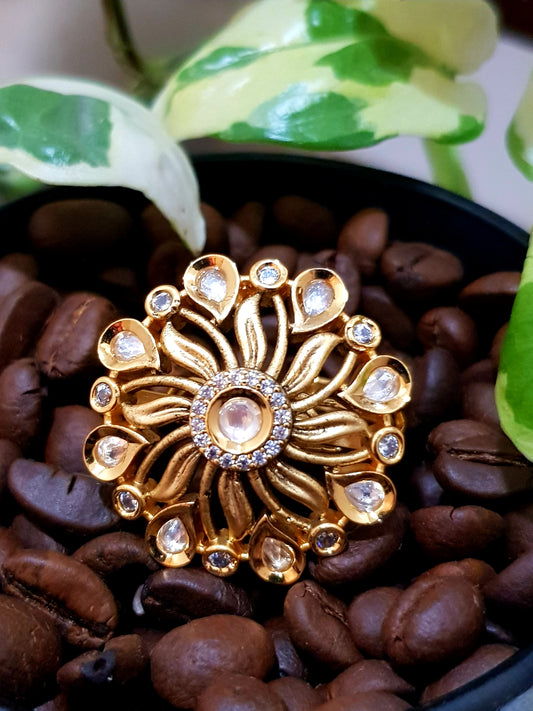 Gold finish flower motif ring with kundan stone and CZ detailing