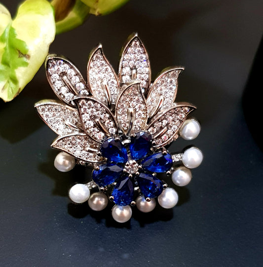 Antique silver finish ring with sapphire/emerald/pale pink and green flower, leaves with CZ and crescent embellished with pearls