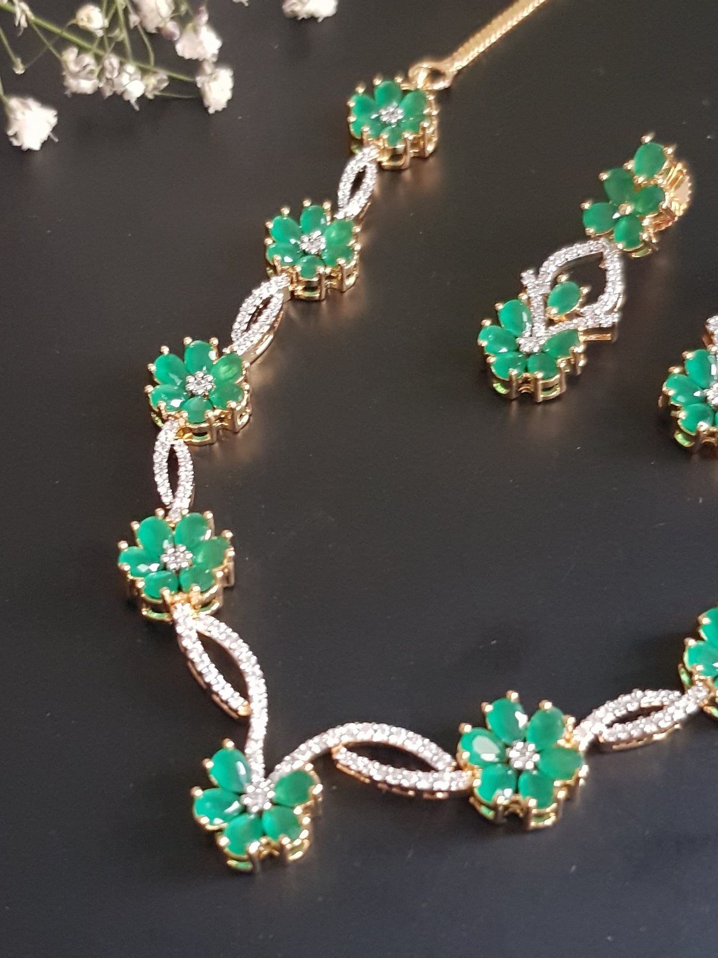 Gold finish set, emerald flowers with twisted CZ necklace, matching earrings