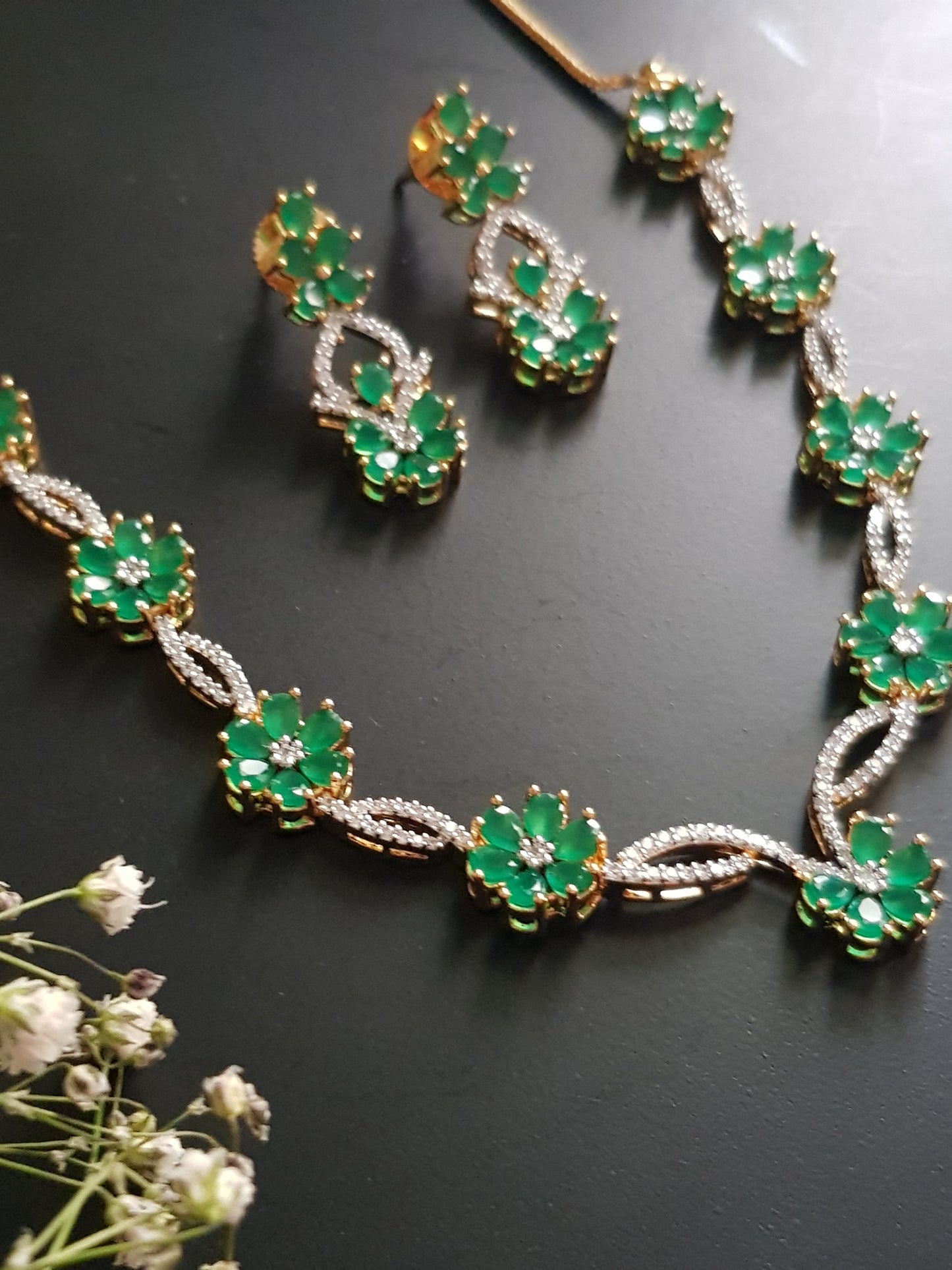 Gold finish set, emerald flowers with twisted CZ necklace, matching earrings