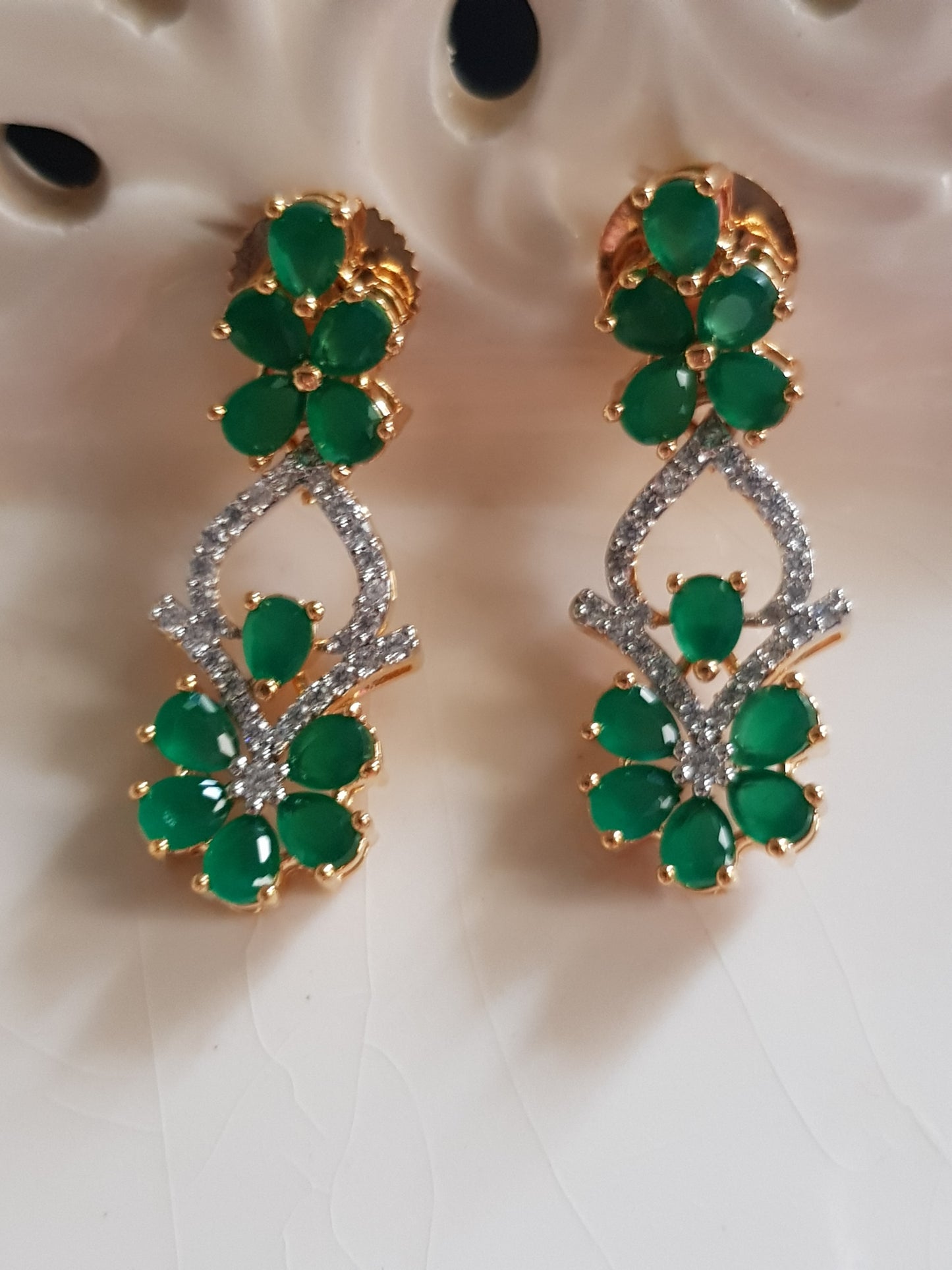 Gold finish set, emerald flowers with twisted CZ necklace, matching earrings