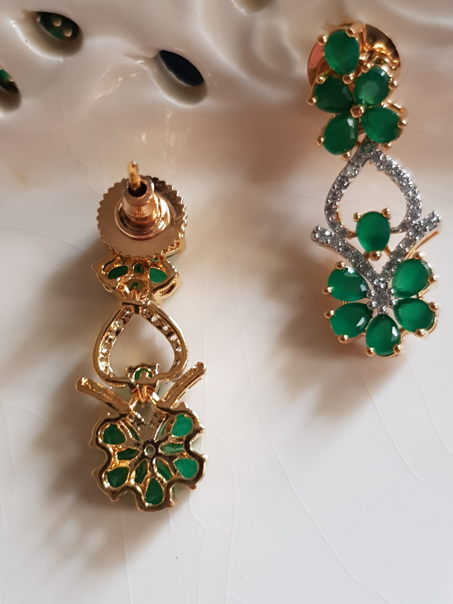 Gold finish set, emerald flowers with twisted CZ necklace, matching earrings