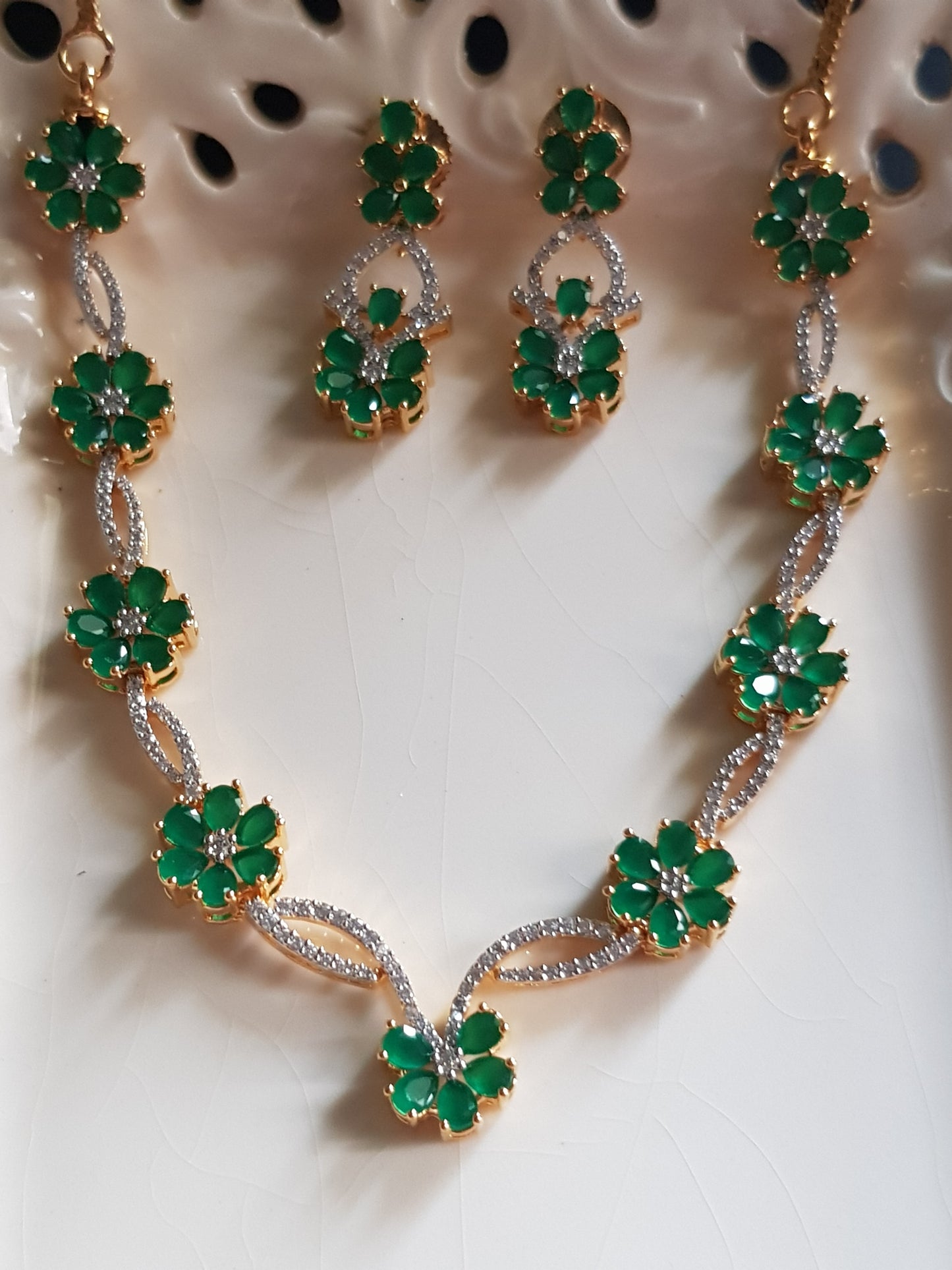 Gold finish set, emerald flowers with twisted CZ necklace, matching earrings