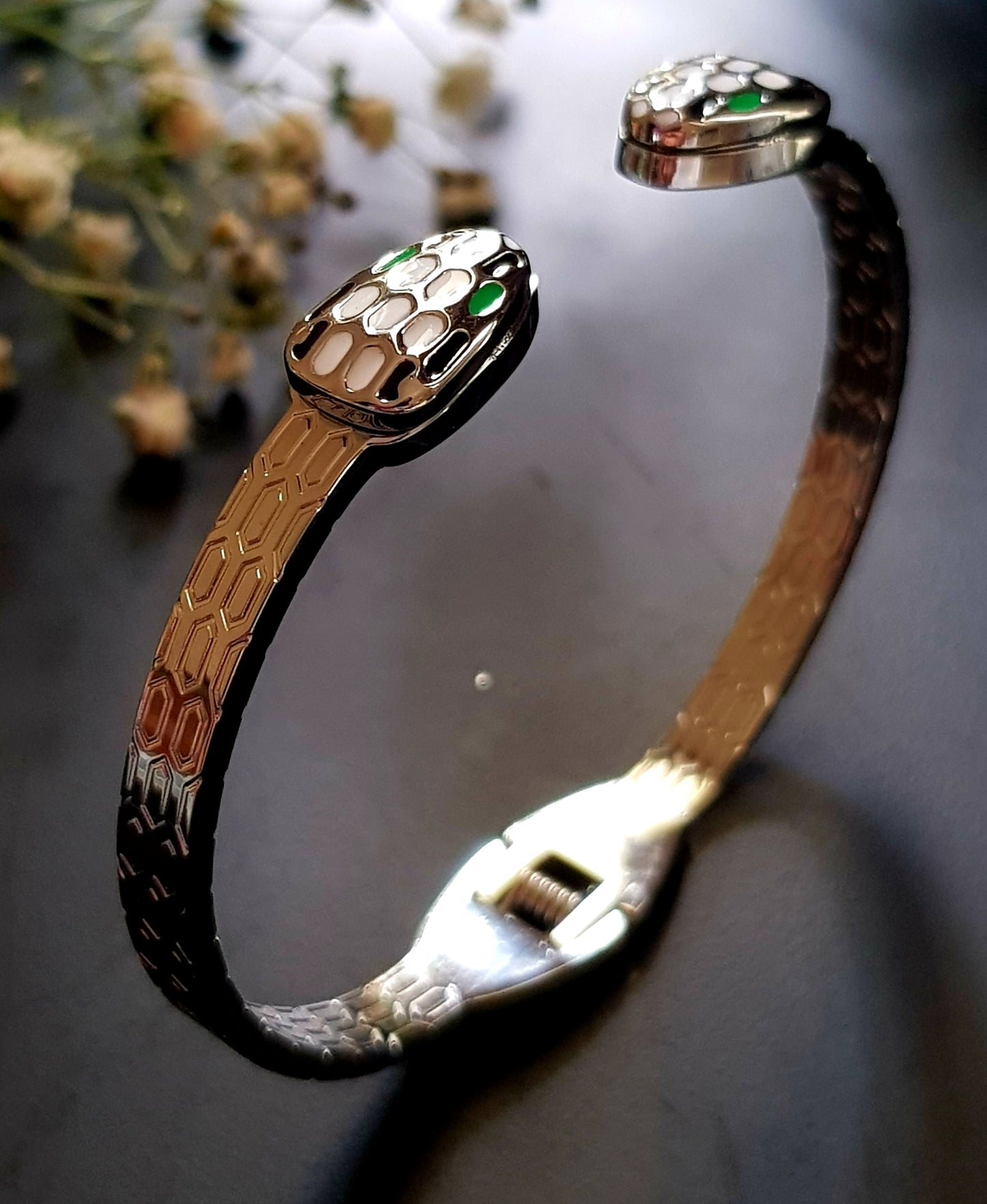 Snake head platinum/gold finish bracelet, white, black, green enamel work