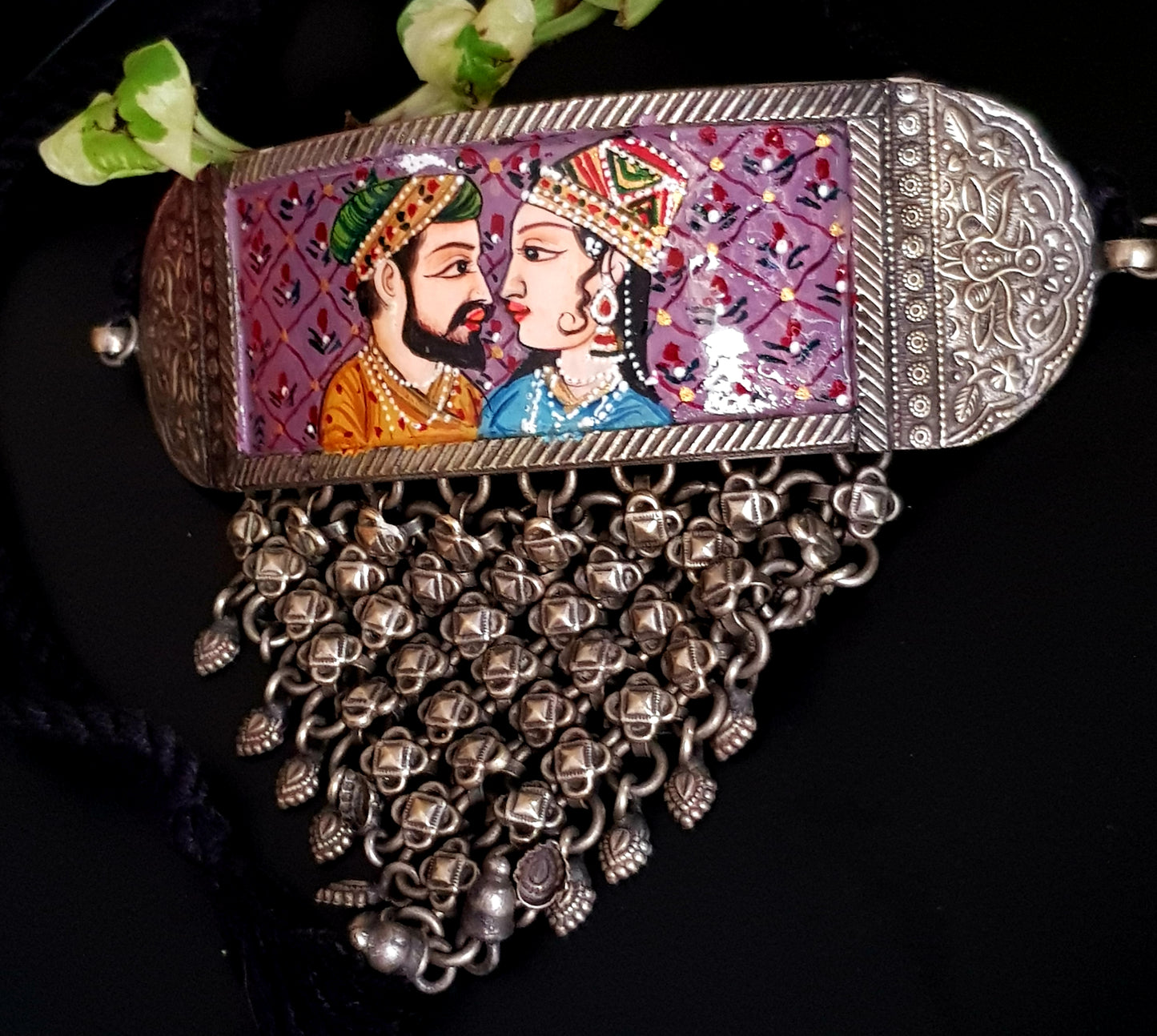 Silver finish Mughal miniature handpainted choker with 'chatai' design