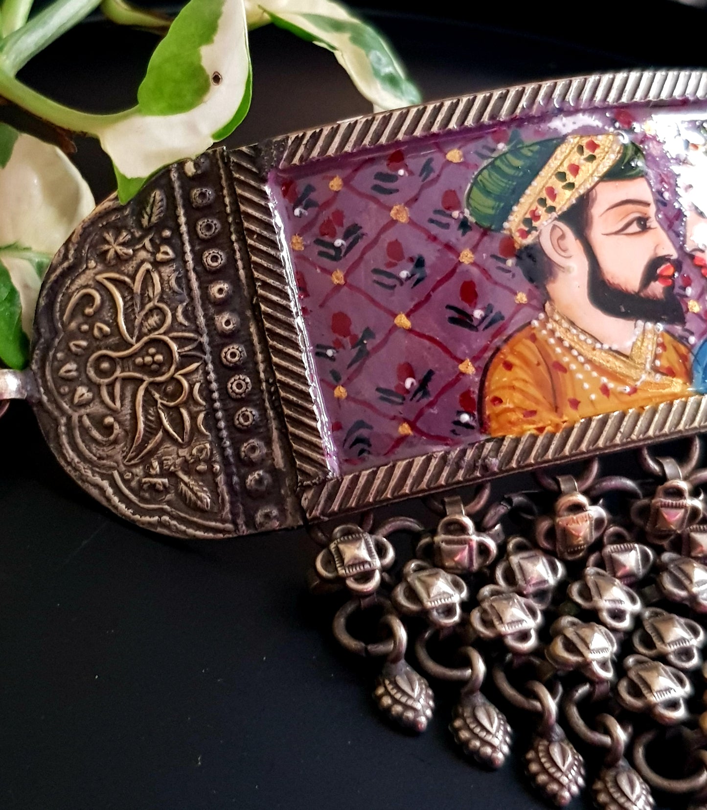 Silver finish Mughal miniature handpainted choker with 'chatai' design