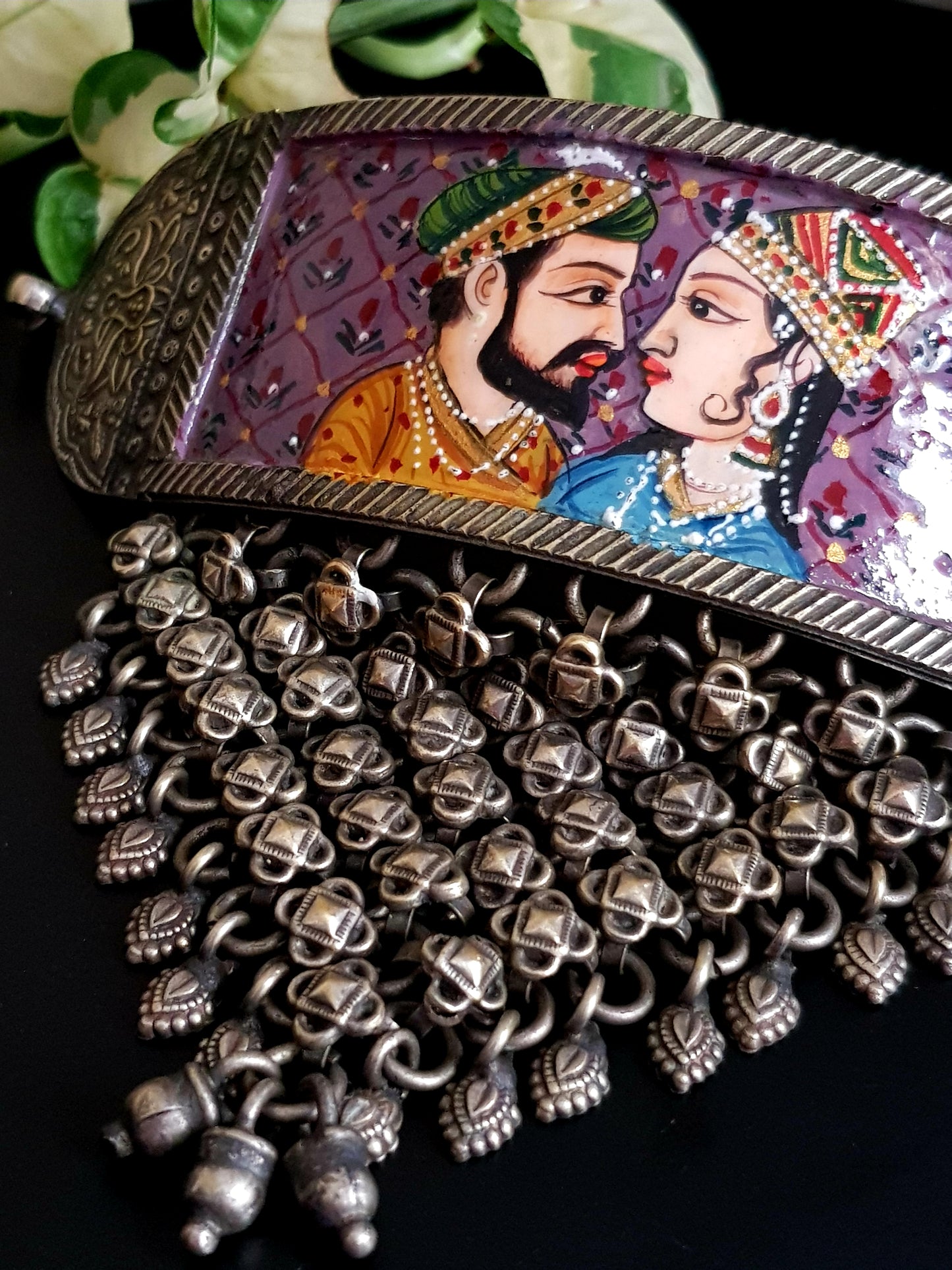 Silver finish Mughal miniature handpainted choker with 'chatai' design