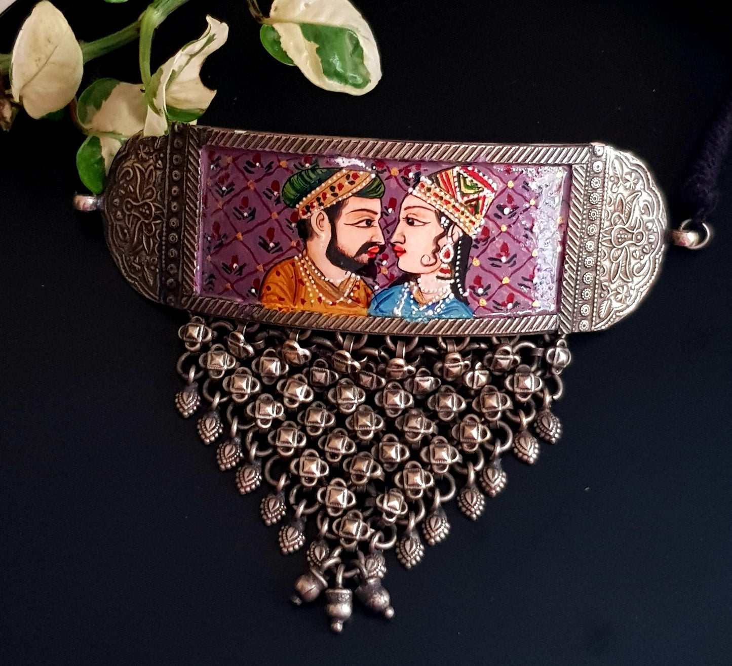 Silver finish Mughal miniature handpainted choker with 'chatai' design