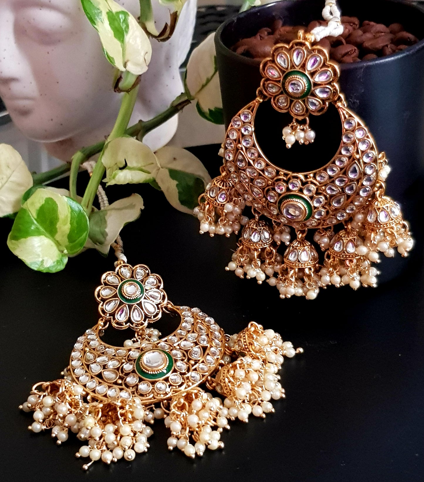 Gold finish big earrings in kundan and pearl with matching maangtika