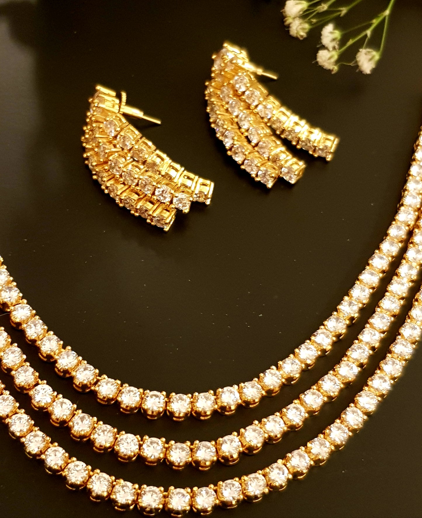 Gold finish set, triple strand round CZ necklace , matching earrings