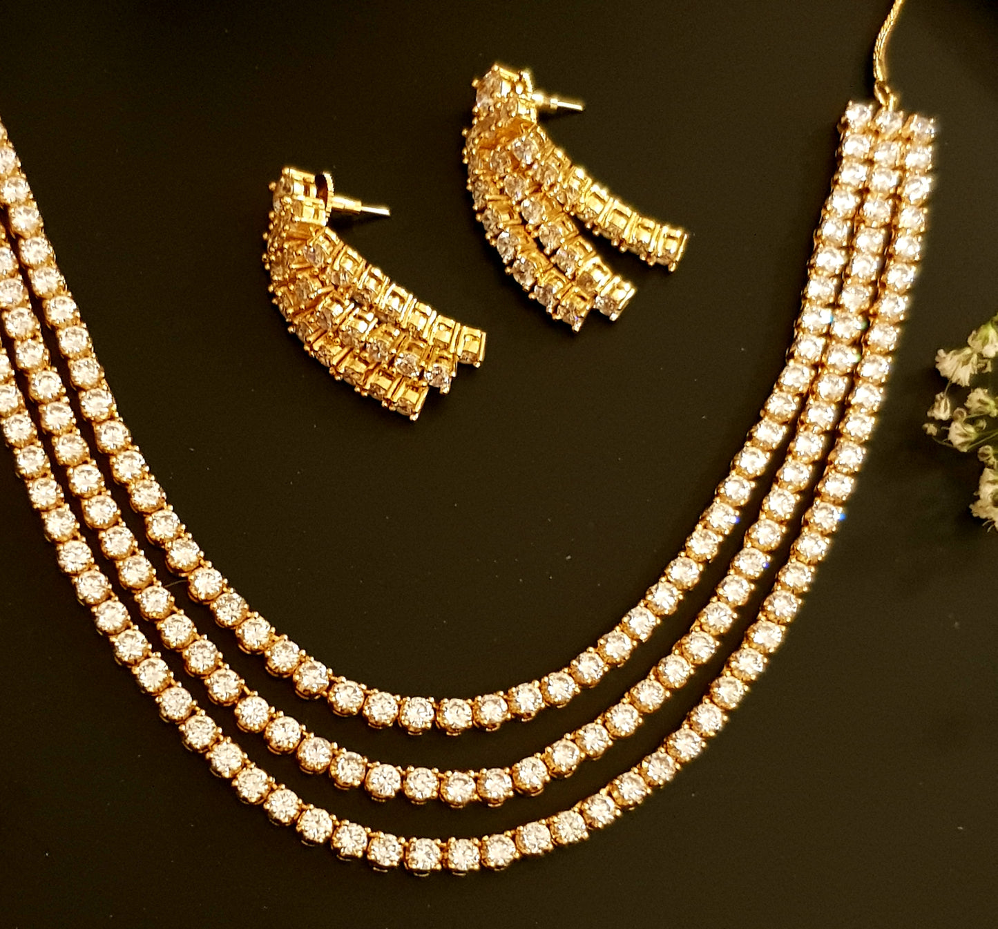 Gold finish set, triple strand round CZ necklace , matching earrings