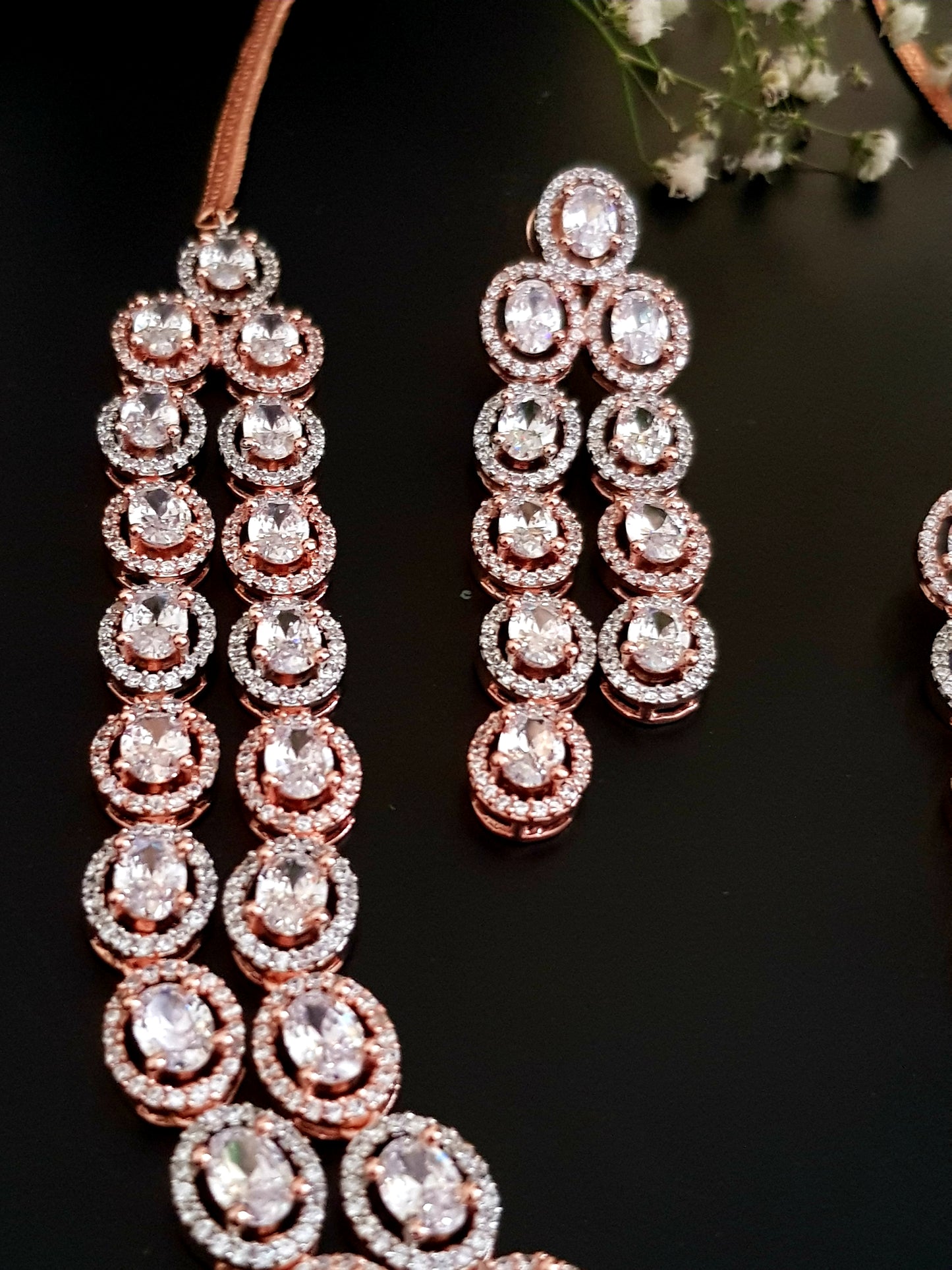 Rose gold finish set, double strand necklace in oval shape CZ, matching danglers (earrings)